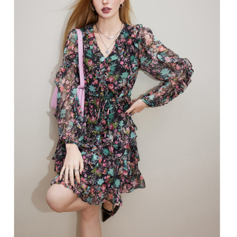 V-neck Long Sleeve Floral Dress Women's Slimming Small