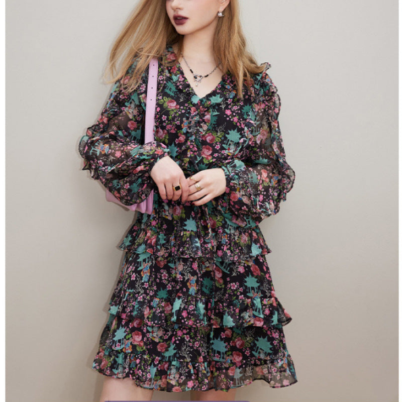 V-neck Long Sleeve Floral Dress Women's Slimming Small