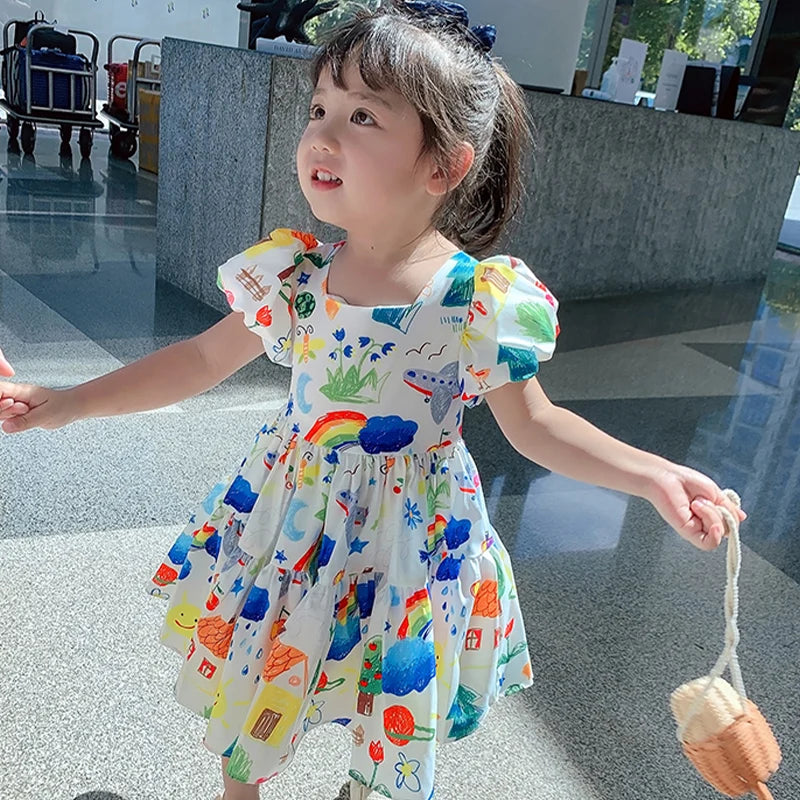 Summer Kids Girls Dress Rainbow Color Children Cute Graffiti Dress Girls Backless Dress Children's Skirt For 1-7Y