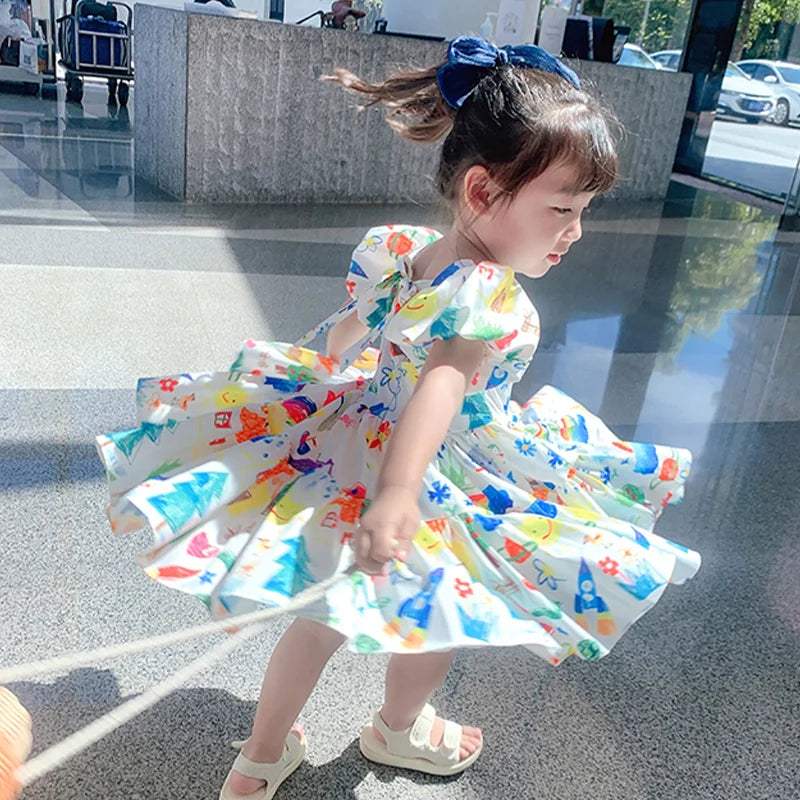 Summer Kids Girls Dress Rainbow Color Children Cute Graffiti Dress Girls Backless Dress Children's Skirt For 1-7Y