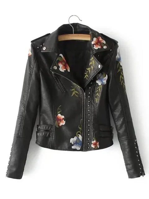 PU Leather Embroidered Rivet Coat Moto & Biker