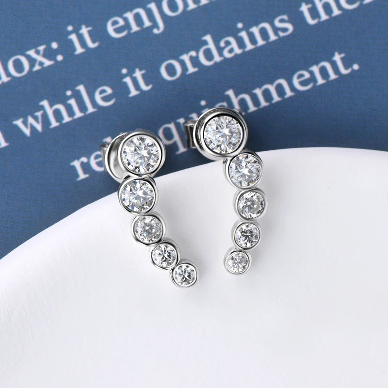 Real Pure Silver Earrings 925 Single Row Round Bezel Moissanite Earring