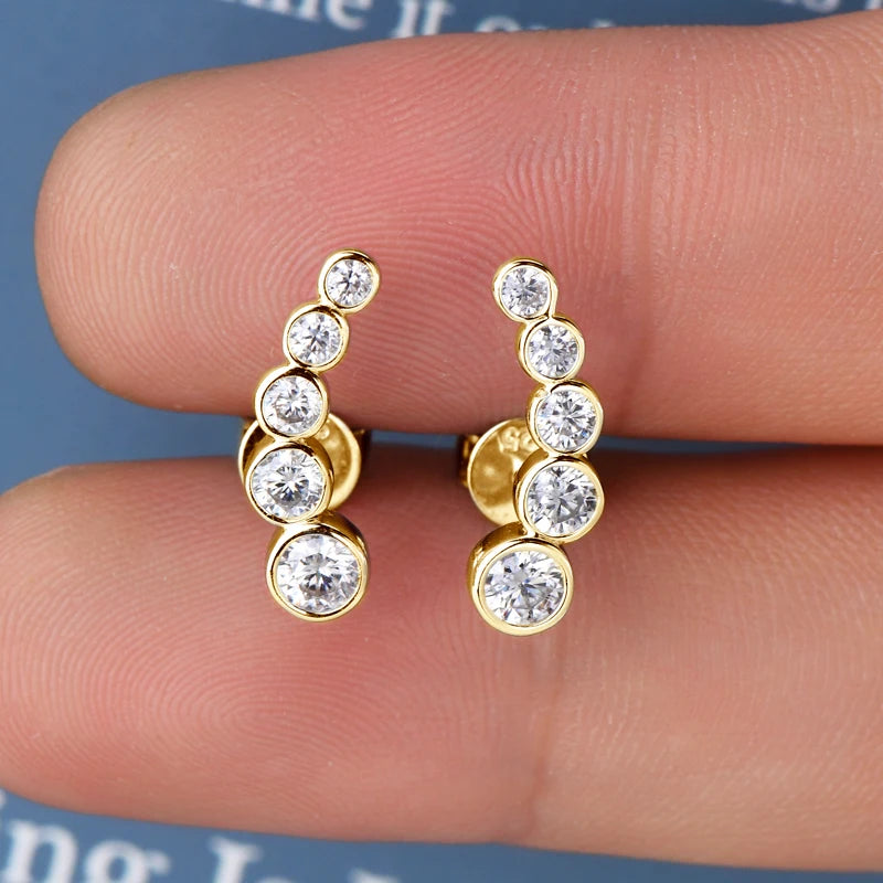 Real Pure Silver Earrings 925 Single Row Round Bezel Moissanite Earring