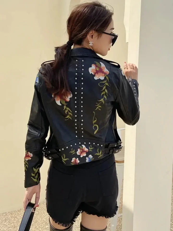 PU Leather Embroidered Rivet Coat Moto & Biker